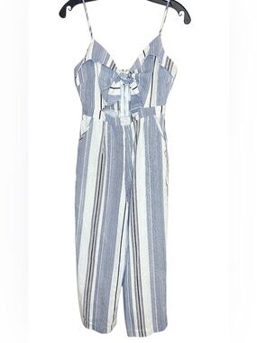Papaya Blue & White Striped Tie-Front Romper Jumpsuit